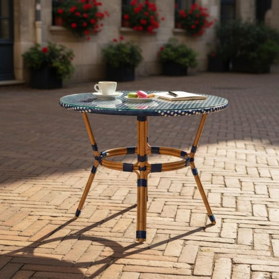 40" Round Rattan Bistro Table - Blue & White Glass Top (Patio, Seats 4)