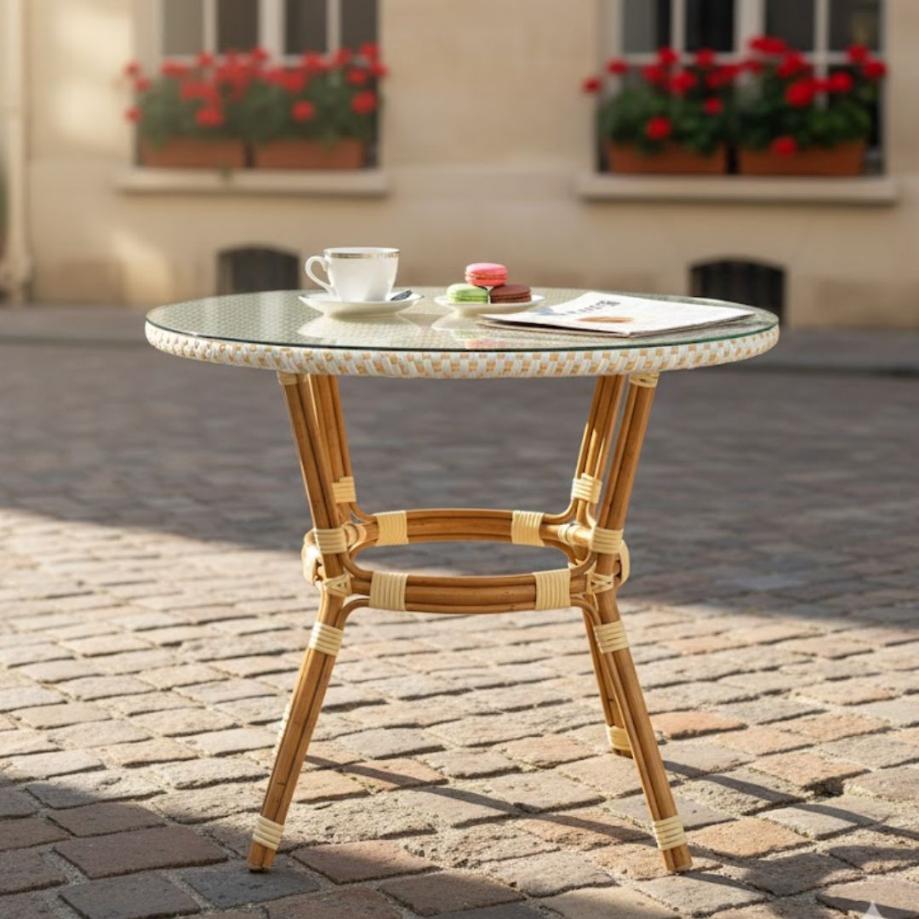 40" Round Glass Top White and Beige Rattan French Bistro Table, Image 1