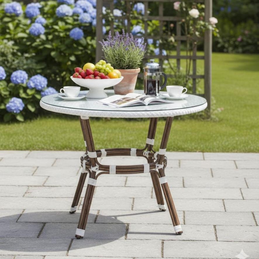 40" Round White PE Rattan Bistro Table - Seats 4, Outdoor Patio