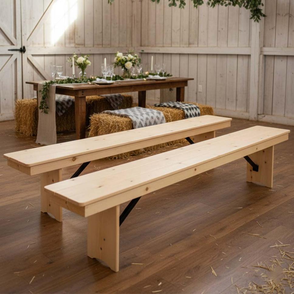 2 Pack 8' Natural Folding Pine Benches, Casual Rustic Seating for Farm Tables or Gardens, Image 1
