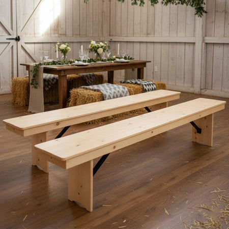2 Pack 8' Natural Folding Pine Benches, Casual Rustic Seating for Farm Tables or Gardens, Image 1