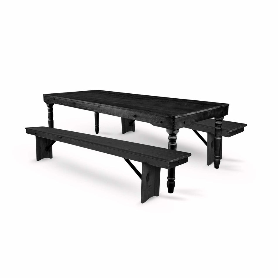 Farmhouse Dining Table Set 96x40" with 2 Benches for Kitchen Patio Dining Room, T Legs, Black