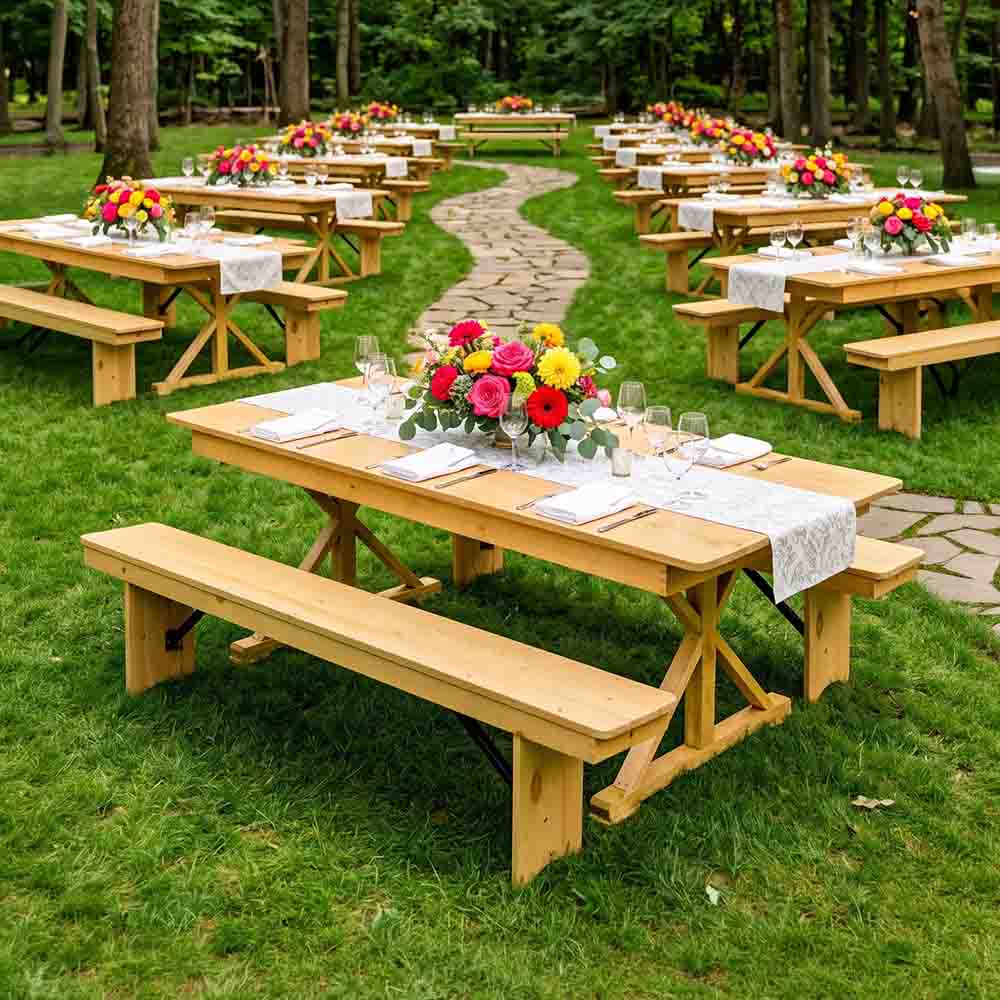 Farmhouse Dining Table Set 96x40" with 2 Benches for Kitchen Patio Dining Room, X Legs, Natural, Image 1