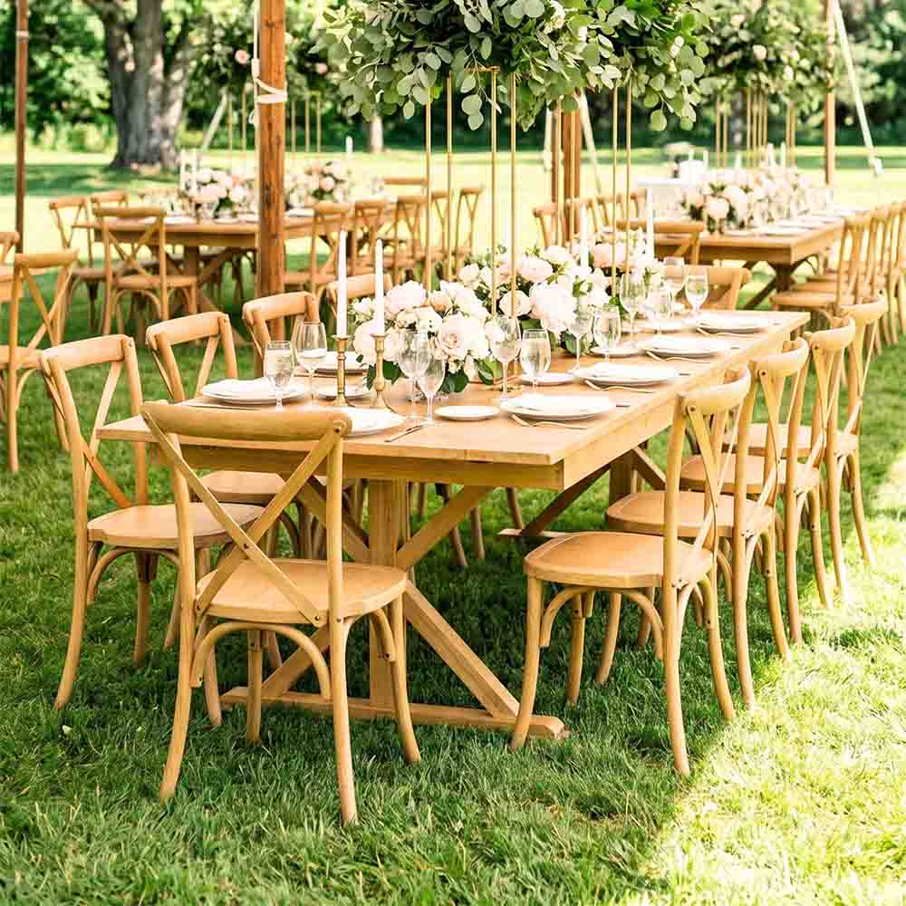 Farmhouse Dining Table Set 96x40" with 10 Cross Back Steel Skeleton Chairs for Kitchen Patio Dining Room, X Legs, Natural, Image 1