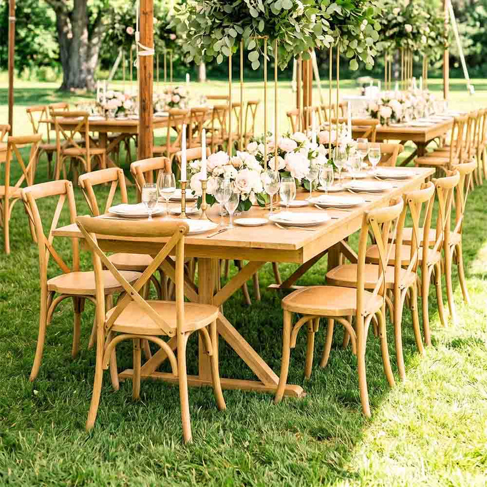Farmhouse Dining Table Set 96x40" with 10 Cross Back Steel Skeleton Chairs for Kitchen Patio Dining Room, X Legs, Natural, Image 1