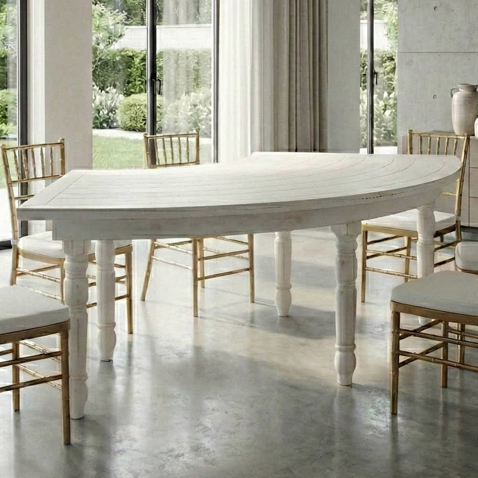 99" x 40" White Distressed Serpentine Fluted Leg Wood Farm Table