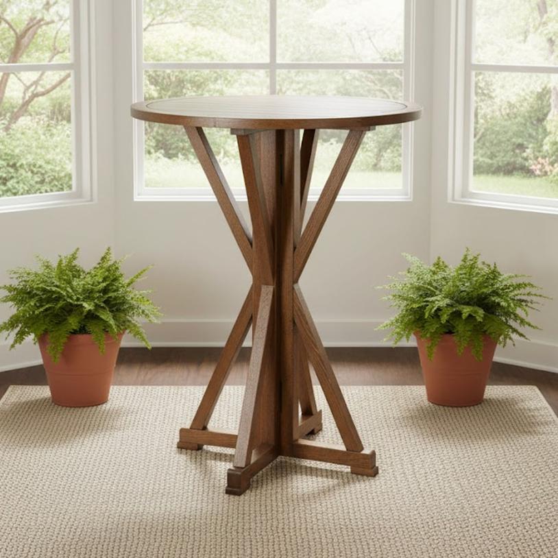 36" Round Farmhouse Cocktail Table – Chestnut, 42" High for Home Bar & Patio