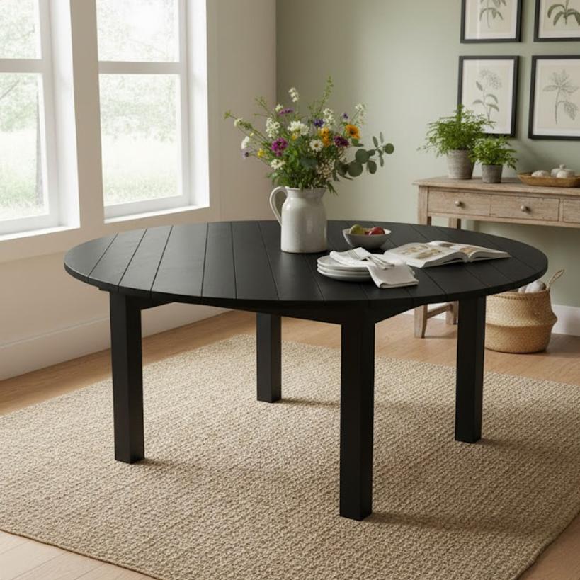 60" Round Farmhouse Table – Black Solid Pine Wood, Seats 8–10 (Dining Room)