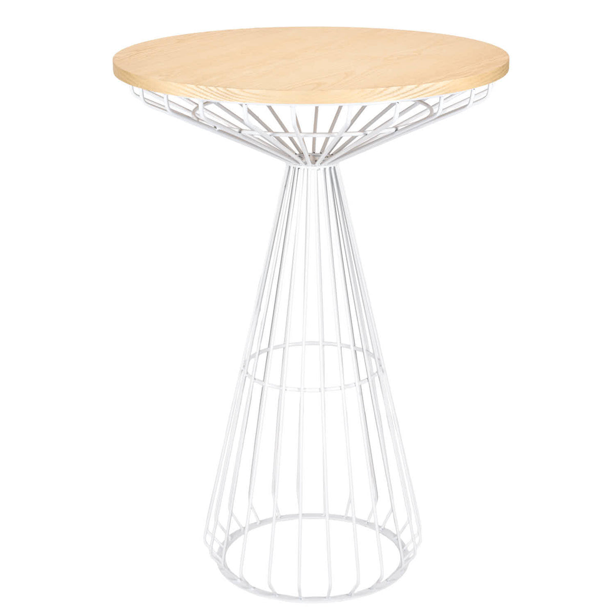 32" Natural Oak Top Round Cocktail Table with White Wire Base, Image 2