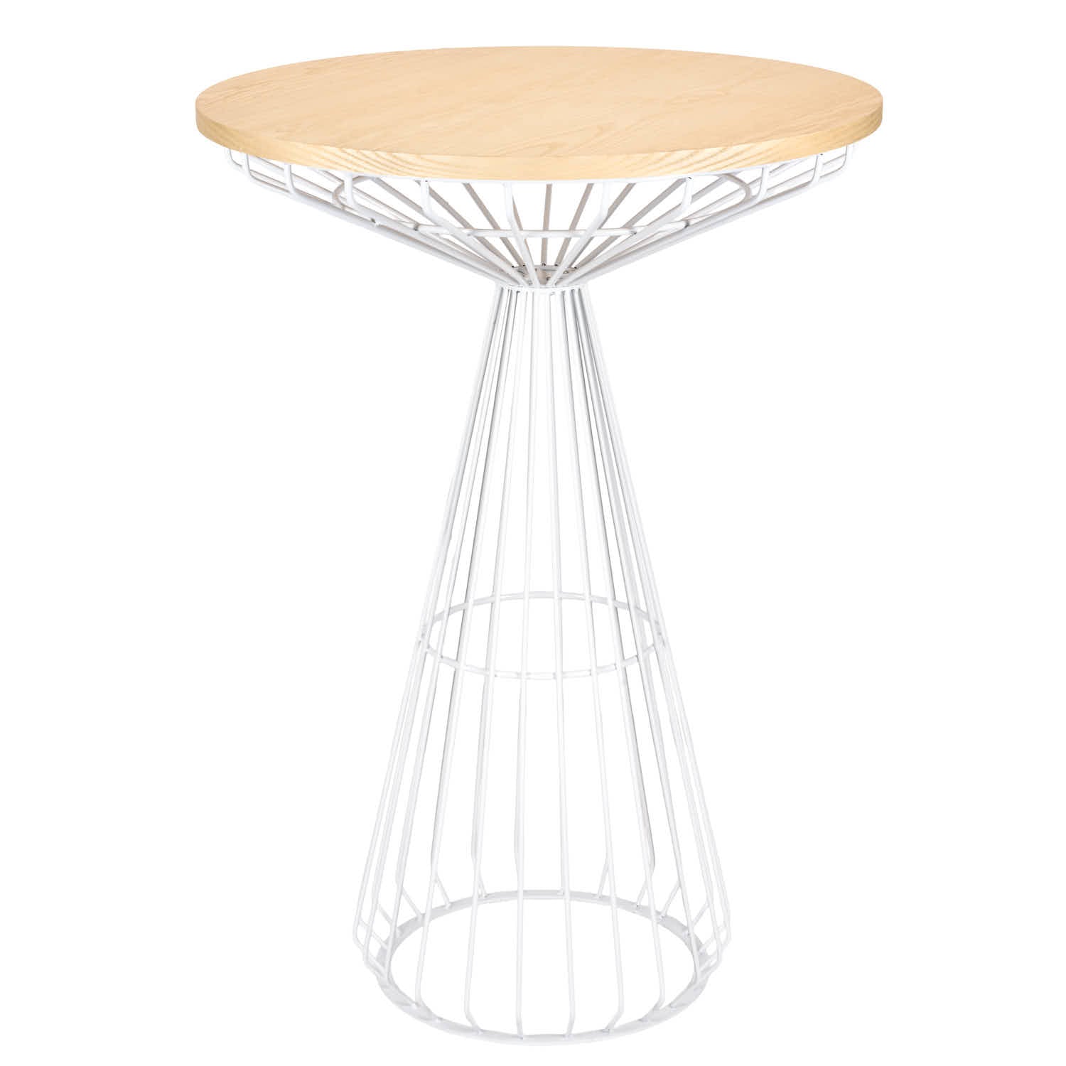32" Natural Oak Top Round Cocktail Table with White Wire Base, Image 2