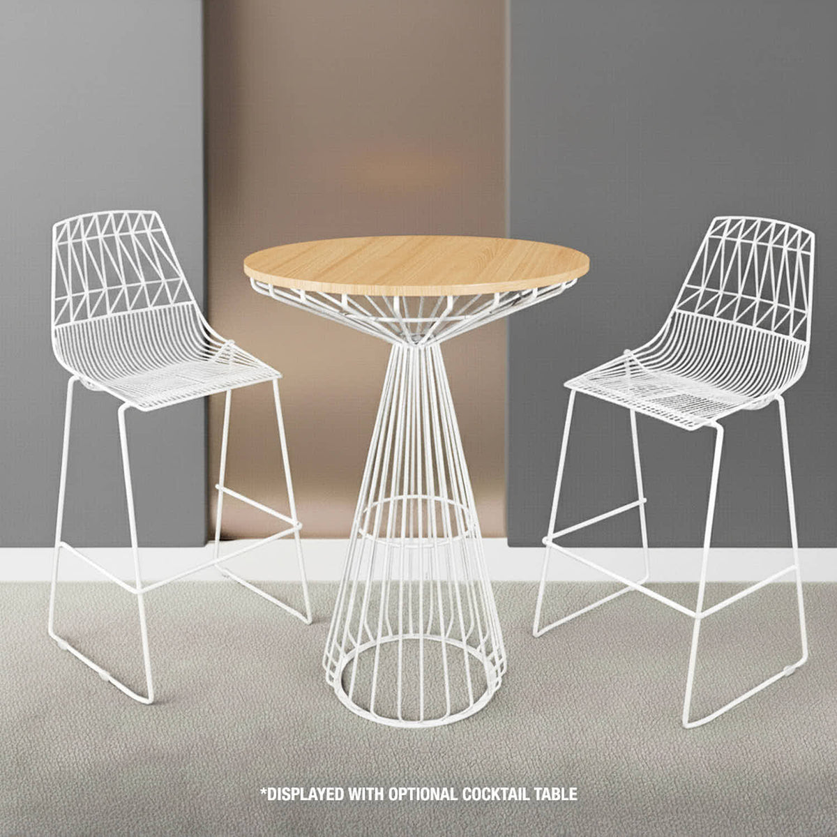 32" Natural Oak Top Round Cocktail Table with White Wire Base, Image 1