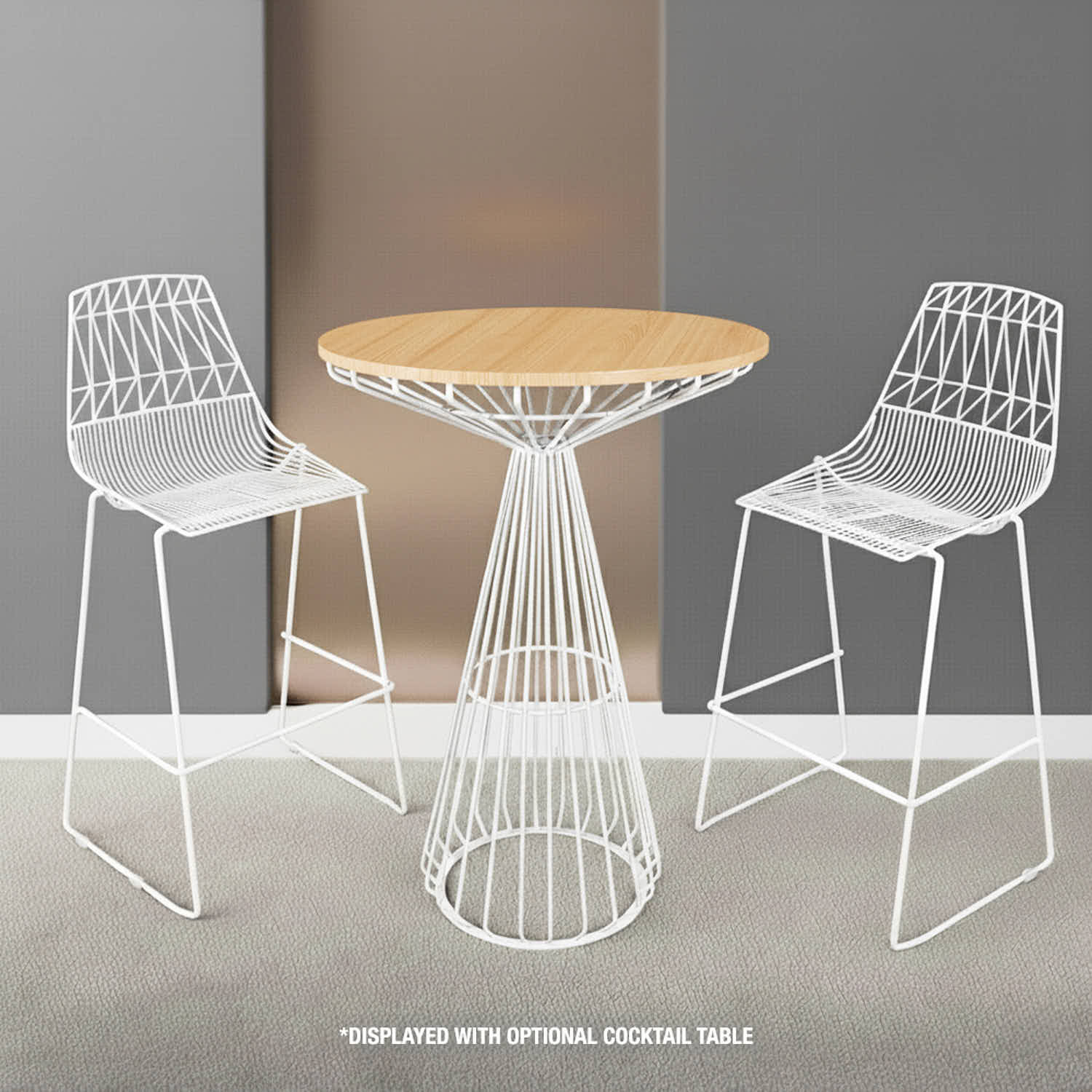 32" Natural Oak Top Round Cocktail Table with White Wire Base, Image 1