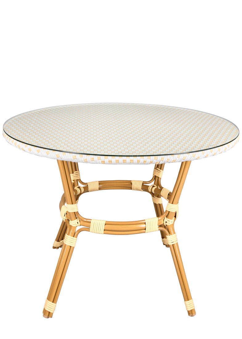 40" Round Outdoor Rattan Bistro Table — Glass Top, White/Beige — Seats 4 (Patio)
