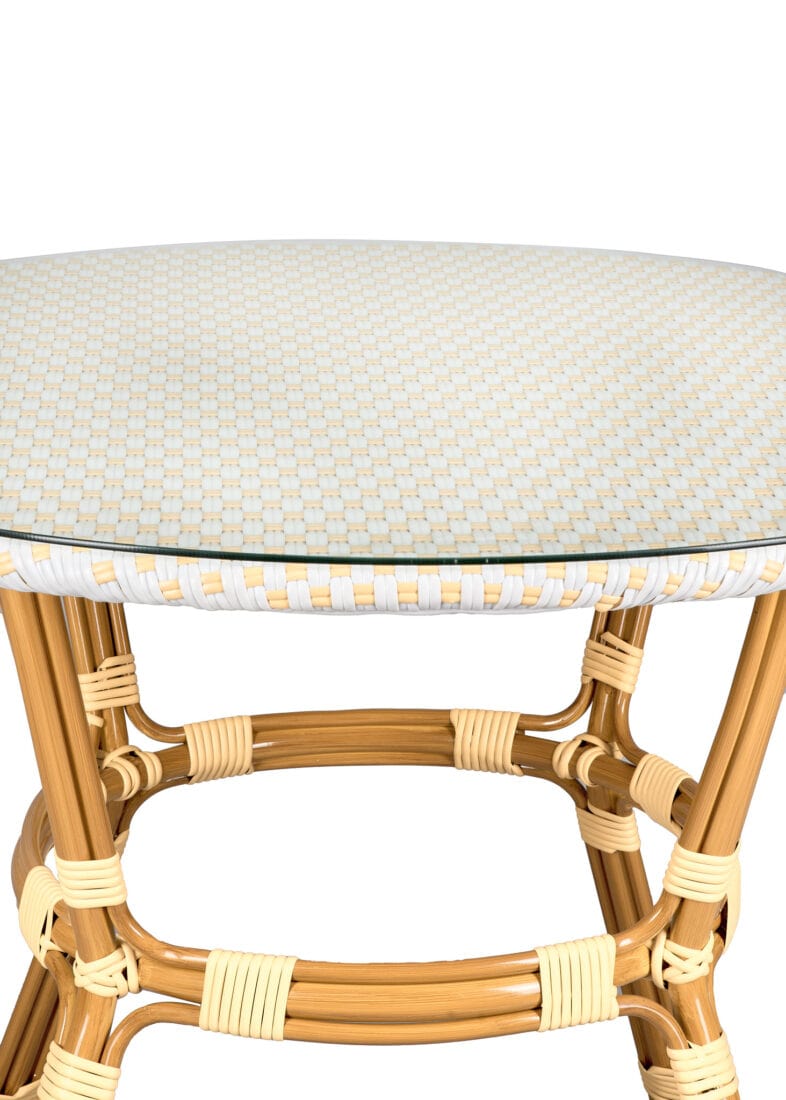 40" Round Glass Top White and Beige Rattan French Bistro Table, Image 7