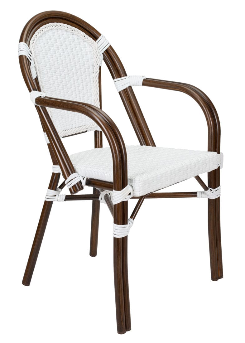 French Bistro 40" Table with Glass Top and 4 Chairs with Arms Set, White, Image 3