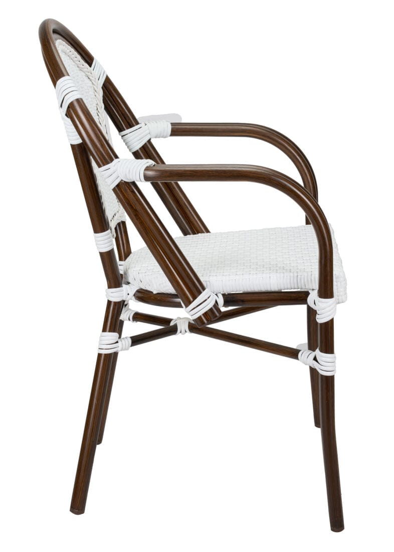 French Bistro 48x36" Table with Glass Top and 4 Chairs with Arms Set, White, Image 10