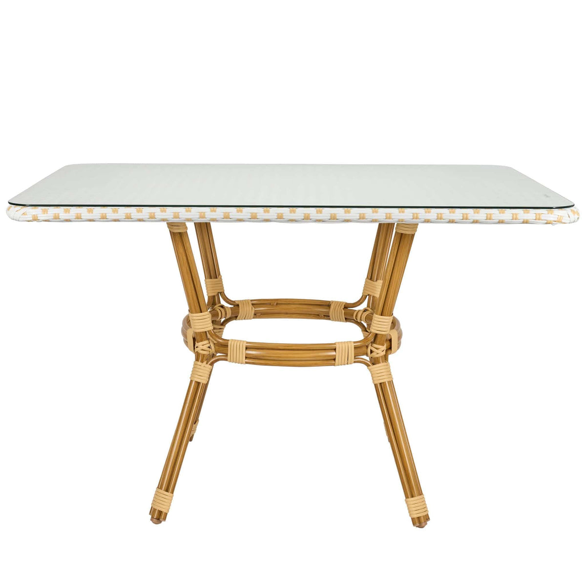 Outdoor Bistro Table 48" x 36" PE Rattan Glass Top — White & Beige | Patio Dining, Image 2