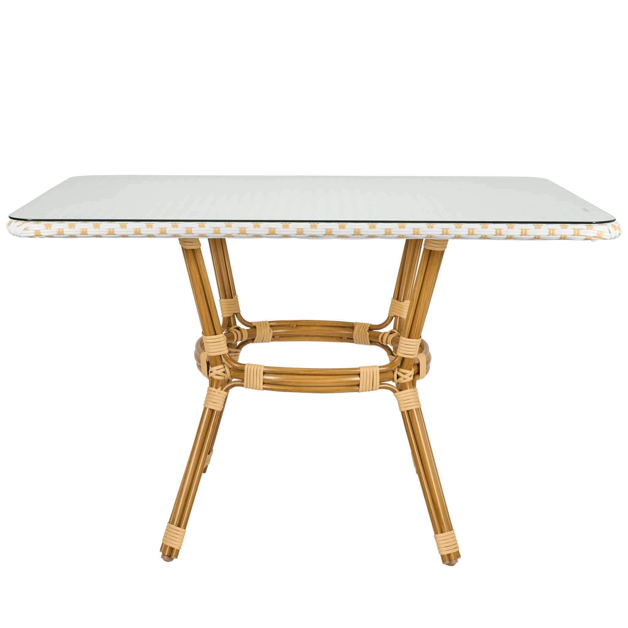 Outdoor Bistro Table 48" x 36" PE Rattan Glass Top — White & Beige | Patio Dining, Image 2