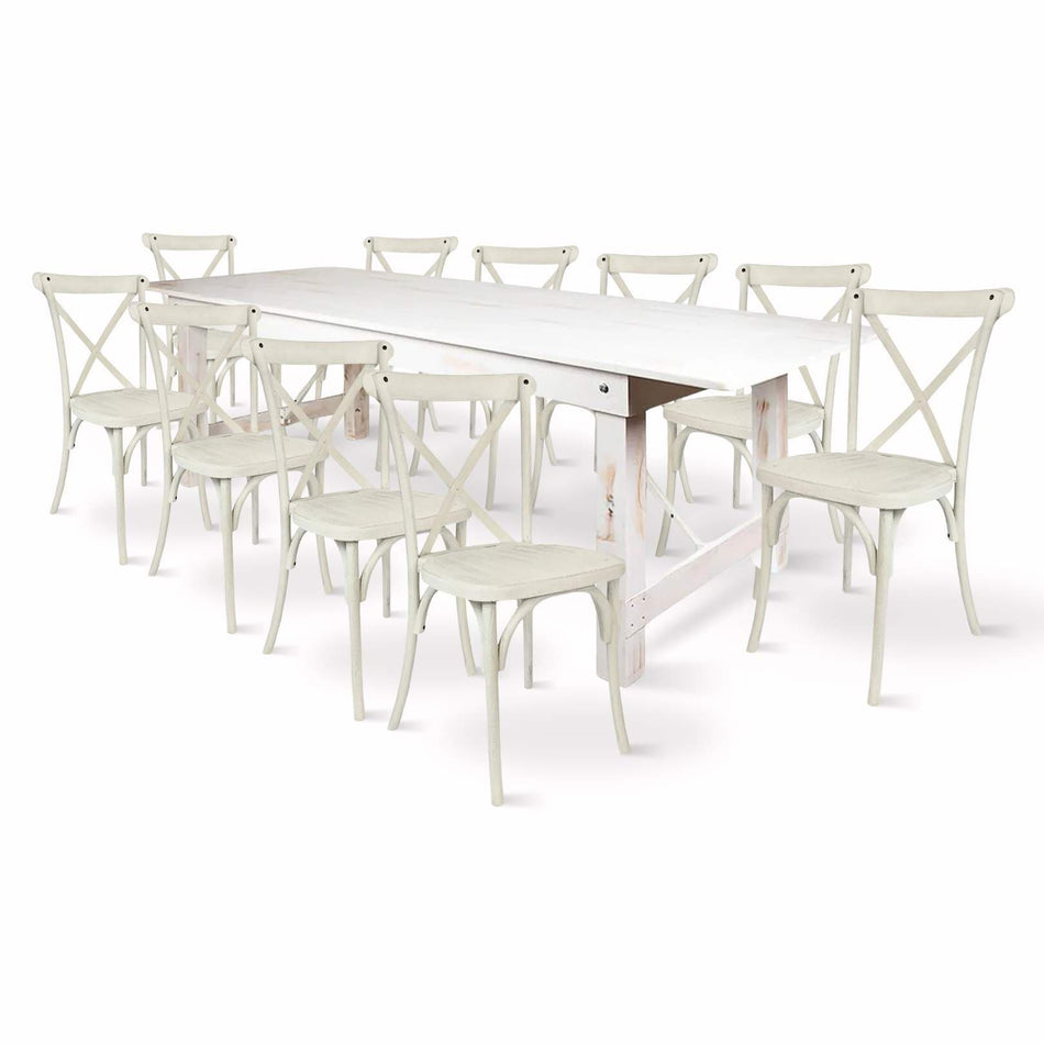Farmhouse Dining Table Set 96x40" with 10 Cross Back Steel Skeleton Chairs for Kitchen Patio Dining Room, Fluted Legs, White Distressed