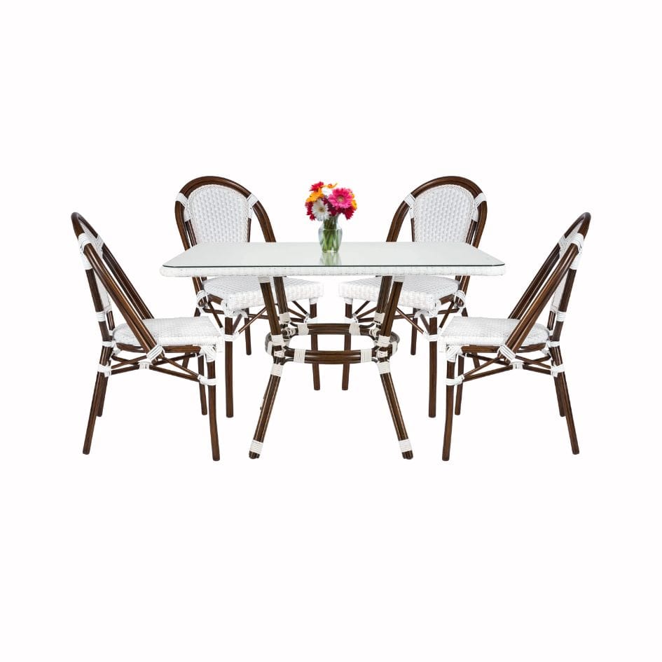 French Bistro 48x36" Table with Glass Top and 4 Chairs Set, White