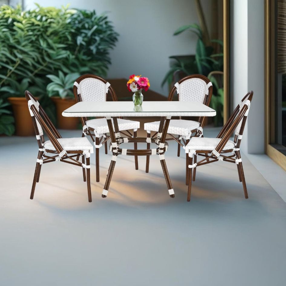 French Bistro 48x36" Table with Glass Top and 4 Chairs Set, White