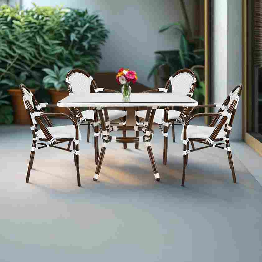 French Bistro 48x36" Table with Glass Top and 4 Chairs with Arms Set, White