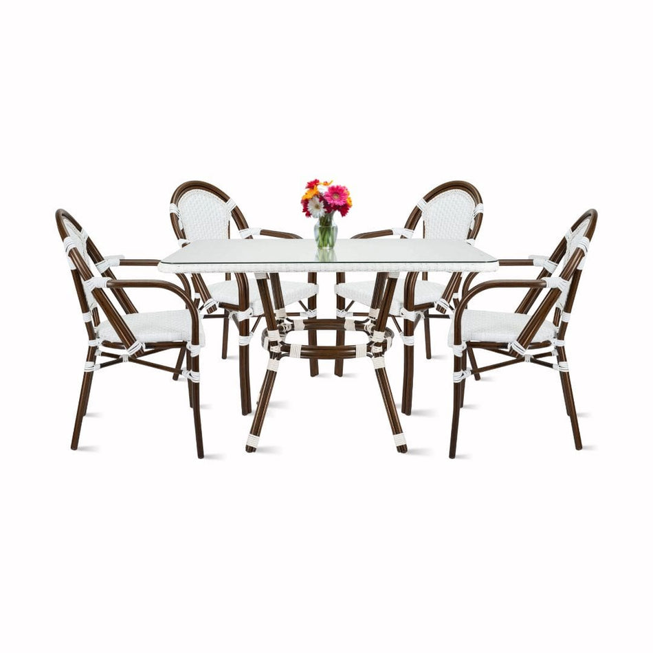 French Bistro 48x36" Table with Glass Top and 4 Chairs with Arms Set, White